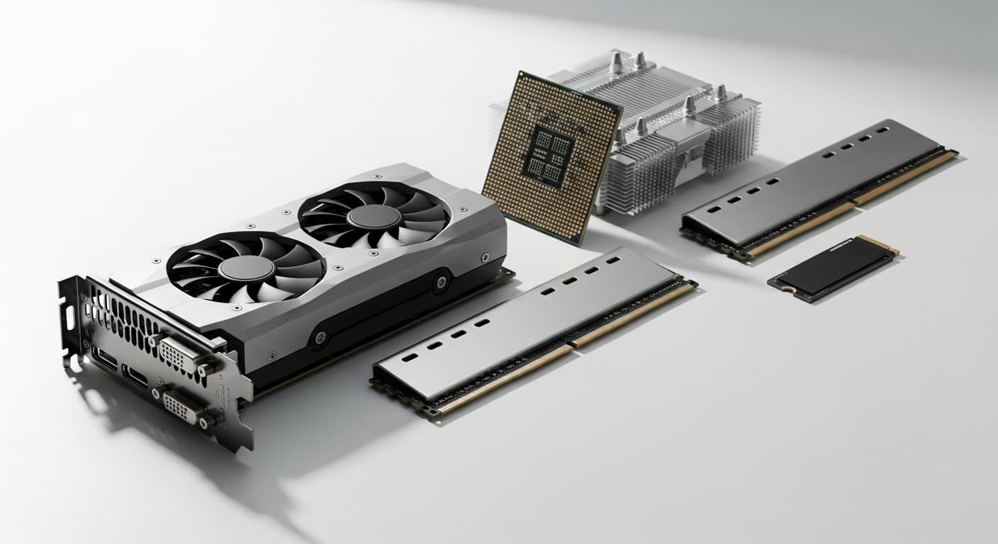 A graphics card, processor, memory modules and an NVMe drive arranged on a white surface
